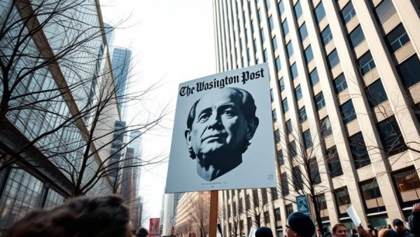 Protest at Washington Post with large face cutout amid winter setting.
