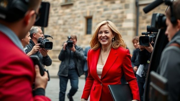 Media capturing a smiling woman in a red suit outside a historic building, highlighting U.S. global relations.