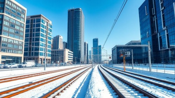 High-speed rail tracks in snowy urban environment.