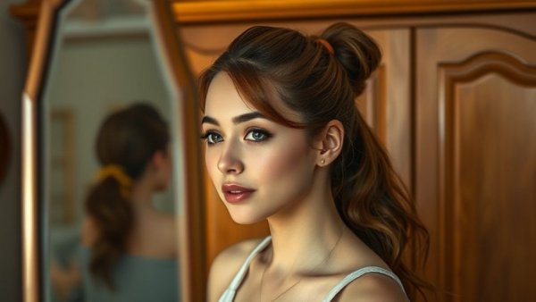 Young woman post-workout looking into mirror in cozy room.