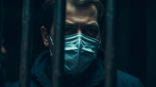Serious man in mask behind bars with contemplative expression.
