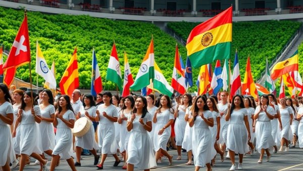 Festive procession with flags at a stadium, Bad Bunny Super Bowl streaming surge.
