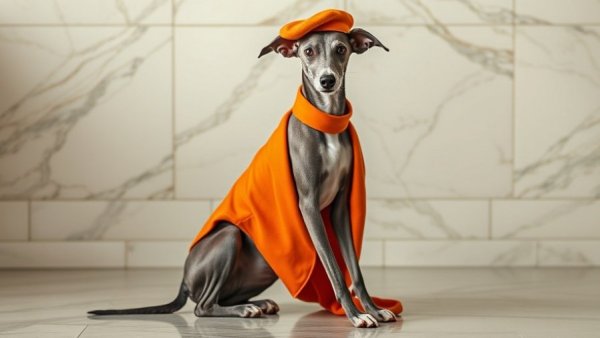 Best-dressed dogs: Italian Greyhound in stylish orange outfit.