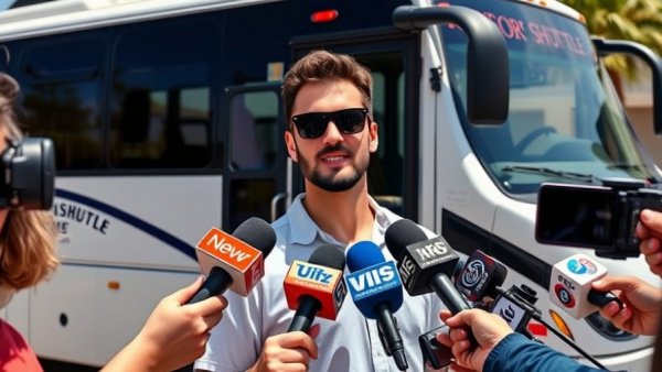 Person in sunglasses interviewed outdoors by news outlets, with OpenAI hardware news.