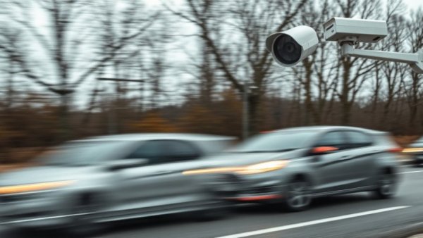 Flock Safety cameras in Colorado: blurred cars passing by under cloudy sky.
