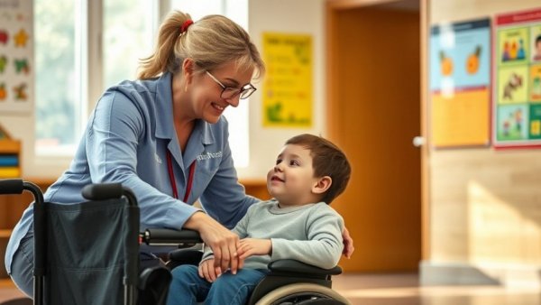 Caregiver assisting child in wheelchair in support setting.