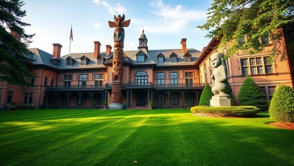 Historic building and totem pole reflecting culture and heritage.