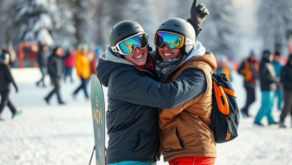 Snowboarders embracing at a snowy event, representing health and wellness Vancouver theme.