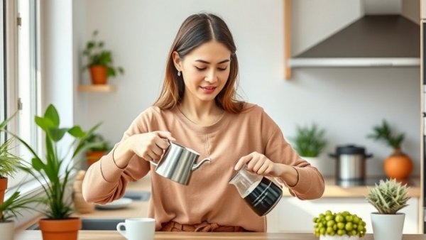 Woman in kitchen pouring coffee, promoting coffee longevity and heart health