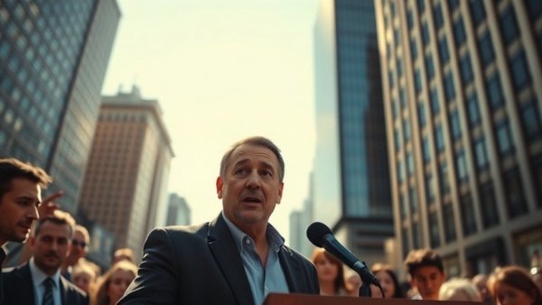 Speaker addressing a crowd in downtown Denver, news event backdrop.