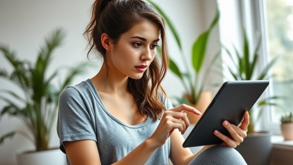 Young woman using fitness app at home for best fitness apps for families 2026.