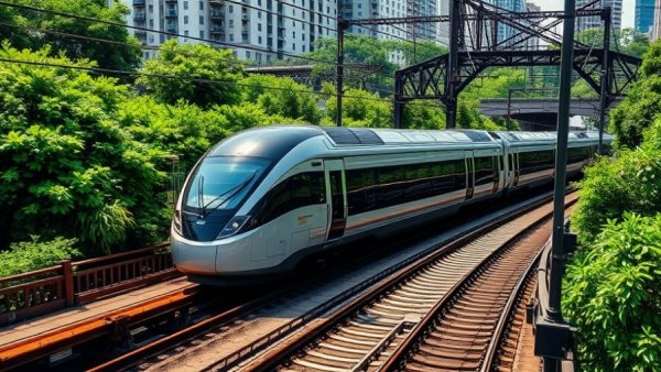 Modern train in Denver crossing a bridge amidst greenery - Denver news.