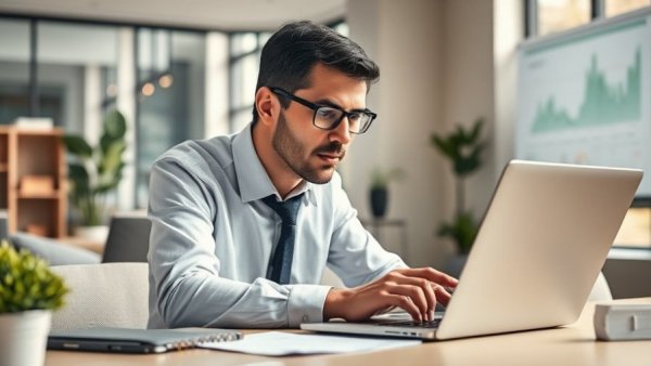 Professional analyzing current mortgage rates on a laptop in a bright office.