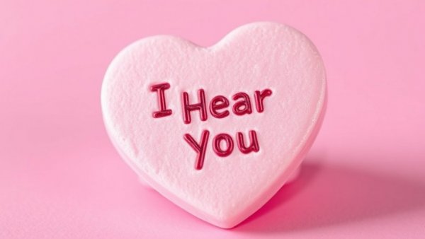 Pink candy heart with 'I Hear You', symbolizing unofficial love languages.