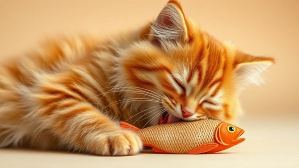 Fluffy ginger cat playing with fish toy, Vancouver pets.