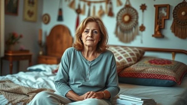 Middle-aged woman relaxing in cozy bedroom, highlighting sexual health during perimenopause.
