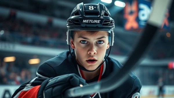 Vancouver NHL player focused on ice, intense expression.
