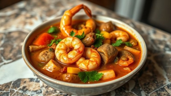 Delicious Creole gumbo with shrimp and sausage in an enticing setup.