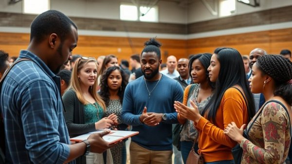 Diverse community group in gymnasium, engaging with display at Denver event.