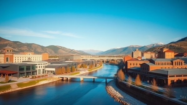 Aerial view of Steamboat Springs with buildings along a river, mountains beyond.
