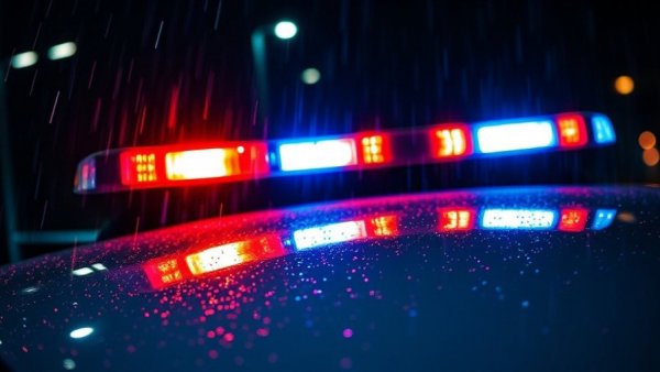 Police lights at night in the rain, Denver local news scene