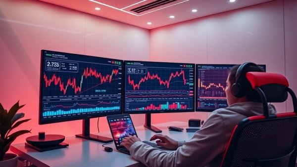 Futuristic stock trading app interface, 2026 design, modern graphics.