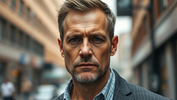 Serious-looking man outdoors in urban environment, soft lighting