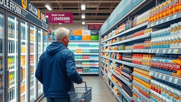 Shopper in Denver store browsing cold drinks, reflecting inflation.