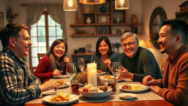 Family sharing a traditional dinner in a warm, cozy dining room.