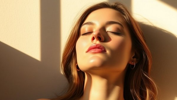 Woman enjoying morning light exposure benefits, serene and calm.