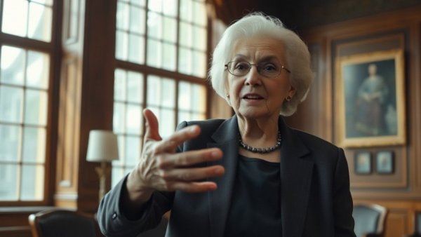 Elderly woman gesturing expressively in a formal, elegant room.
