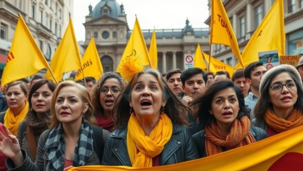 B.C. public sector job cuts 2026 protest with yellow flags in city