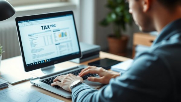 Person using a laptop with tax documents, home office, free file tax program.