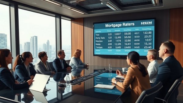 Professionals discussing mortgage rates today in a modern office.
