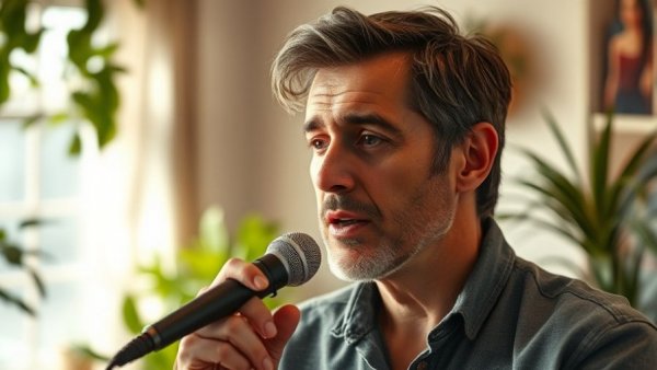 Casual man speaking on health topics, warm indoor ambiance.