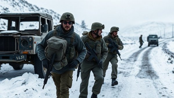 Soldiers cautiously patrol war-torn snowy landscape.