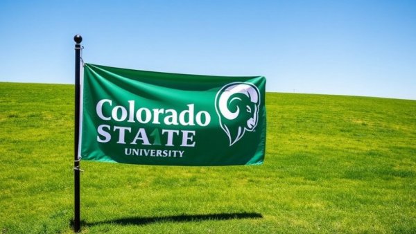 Colorado State University banner with ram logo on a pole in grassy field.