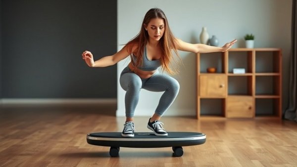 Focused young woman exercising on a balance board, promoting Vancouver health and wellness.