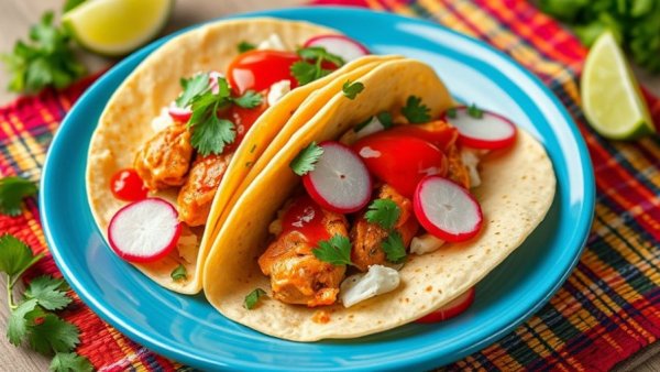 Slow cooker salsa verde chicken tacos with fresh garnishes.