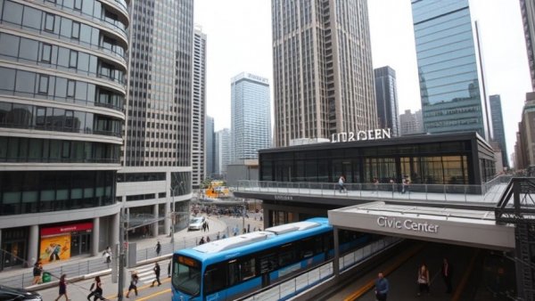 Aerial view of Denver's Civic Center Station with cityscape