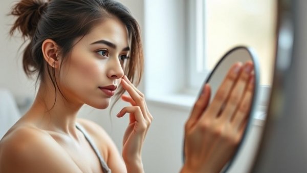 Young woman examining her skin in the mirror, considering prebiotic fiber for skin health.