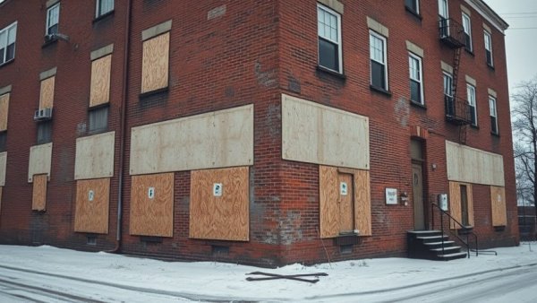 Boarded-up brick building reflecting urban decay and socio-political issues.