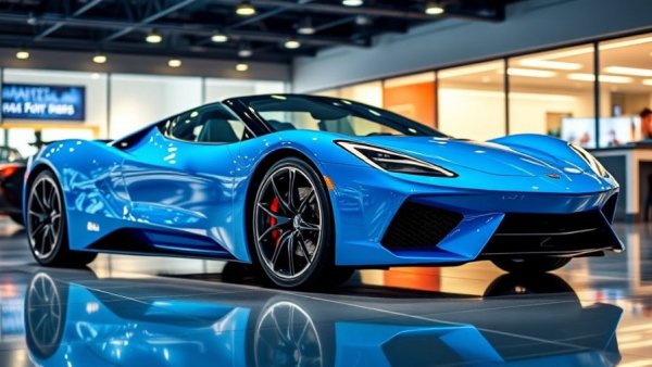 Electric blue sports car showcased at auto show, Supreme Court tariff ruling car prices.