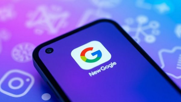 Close-up of smartphone with Google app icon against abstract background, symbols.