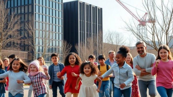 Families at playground near modern building, data center environmental impact.