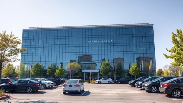 Modern Aurora office building with parking lot and trees under clear sky.