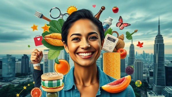 Vibrant health and wellness collage featuring smiling woman, Vancouver theme.