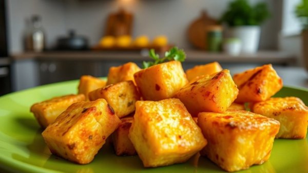 Crispy air fryer halloumi bites recipe image with golden halloumi on green plate.
