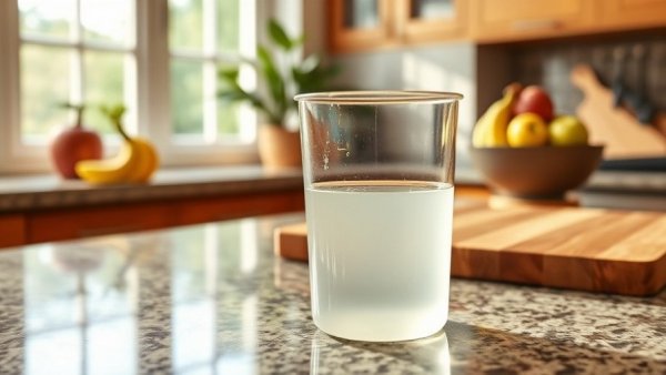 Fruit flies vinegar trap in a plastic container on a kitchen countertop.