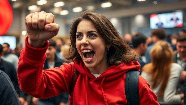 Passionate crowd scene in Denver, woman in red hoodie expressing emotion.